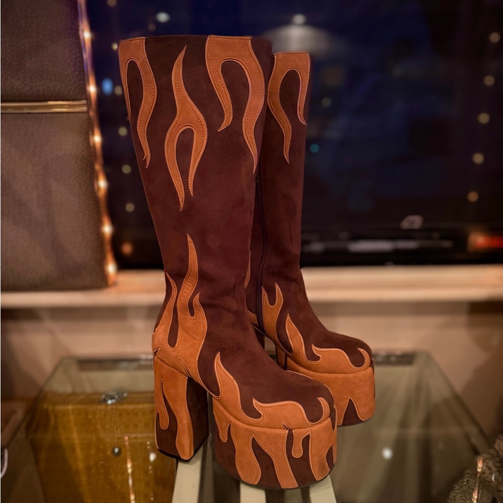 Dolls Kill Brown Current Mood Up In Flames Platform Boots - Picture 2 of 4